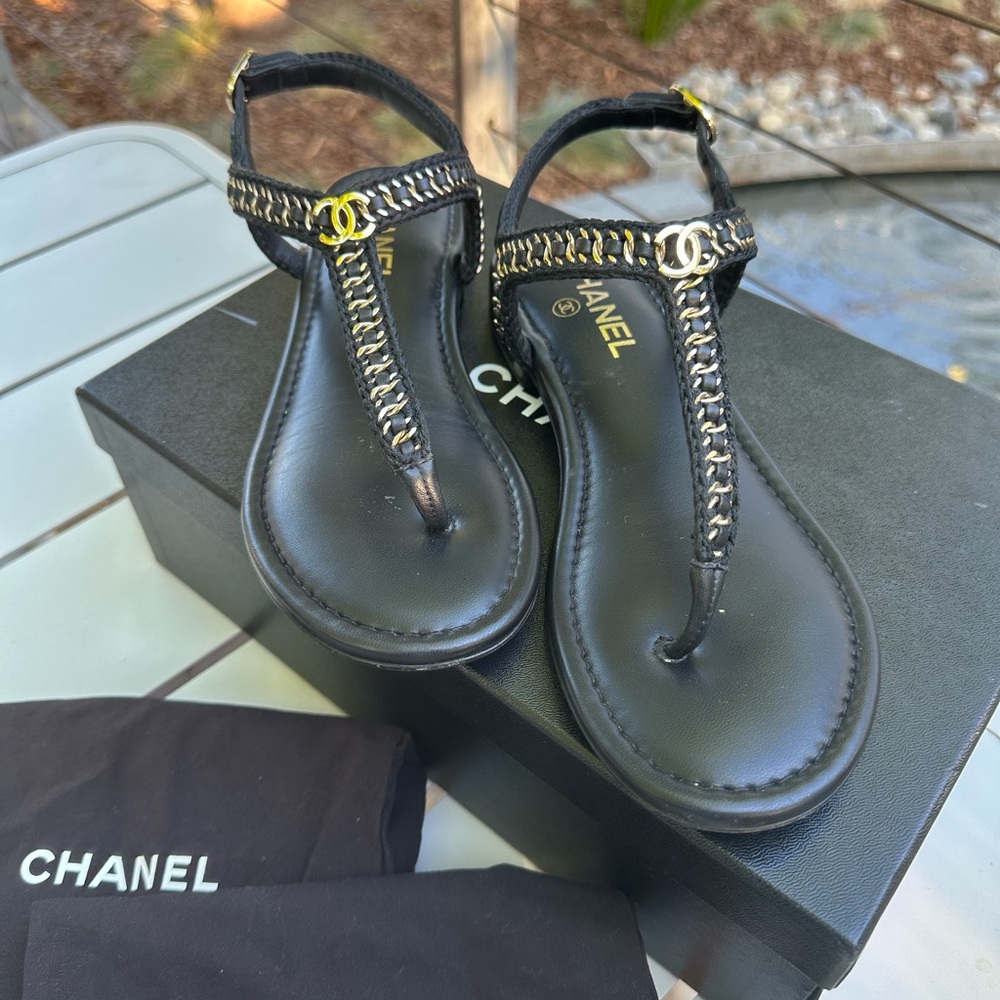 CHANEL Black Sandals with Gold Details